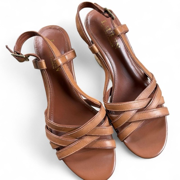 Lauren Ralph Lauren Brown Leather Sandals with Woven Straps - Picture 1 of 5
